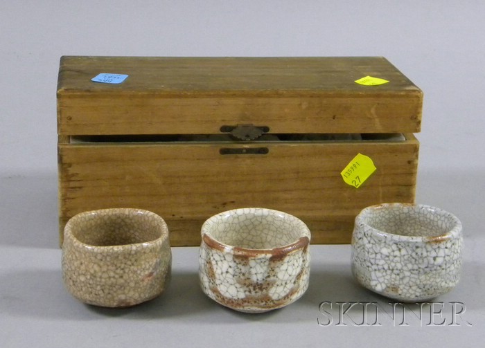 Appraisal: Set of Three Wooden Cased Ceramic Sake Cups dia in