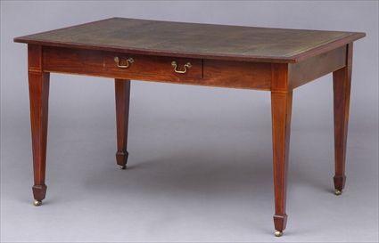 Appraisal: GEORGE III-STYLE INLAID MAHOGANY WRITING TABLE The top with gold-tooled