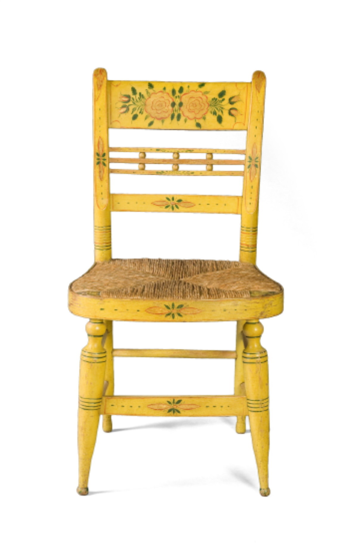 Appraisal: NEW ENGLAND SHERATON YELLOW-PAINTED AND DECORATED SIDE CHAIR WITH RUSH