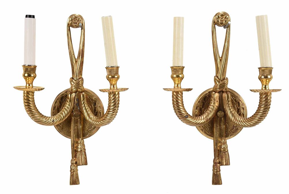 Appraisal: Pair Gilt Bronze Two Arm Sconces French th century tassel