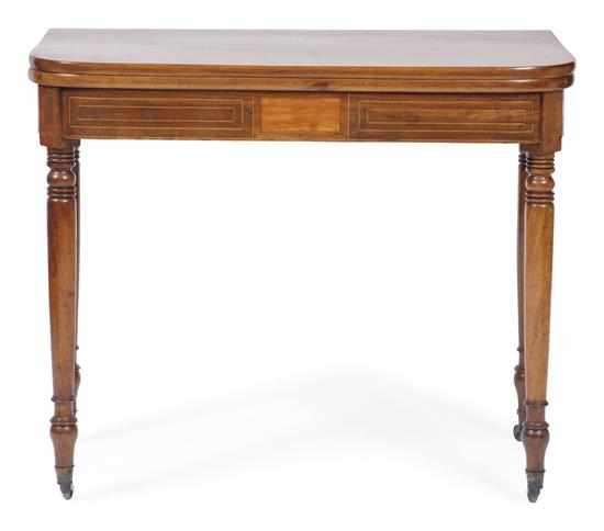 Appraisal: A REGENCY MAHOGANY FOLD-OVER TEA TABLE The rounded rectangular top