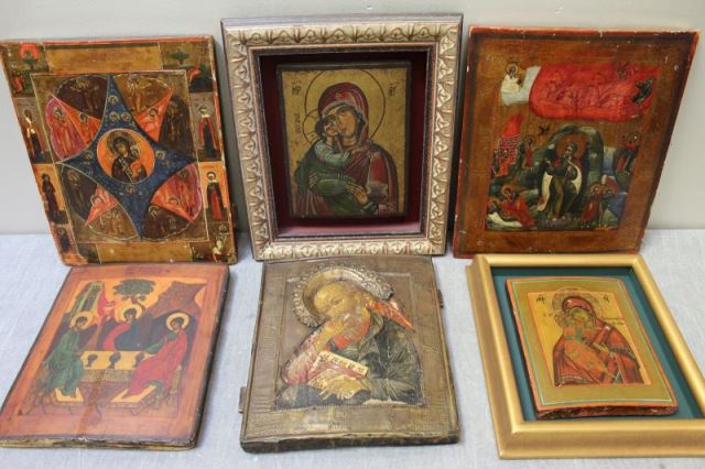 Appraisal: Group of Antique and Vintage Russian Icons onPanel From a