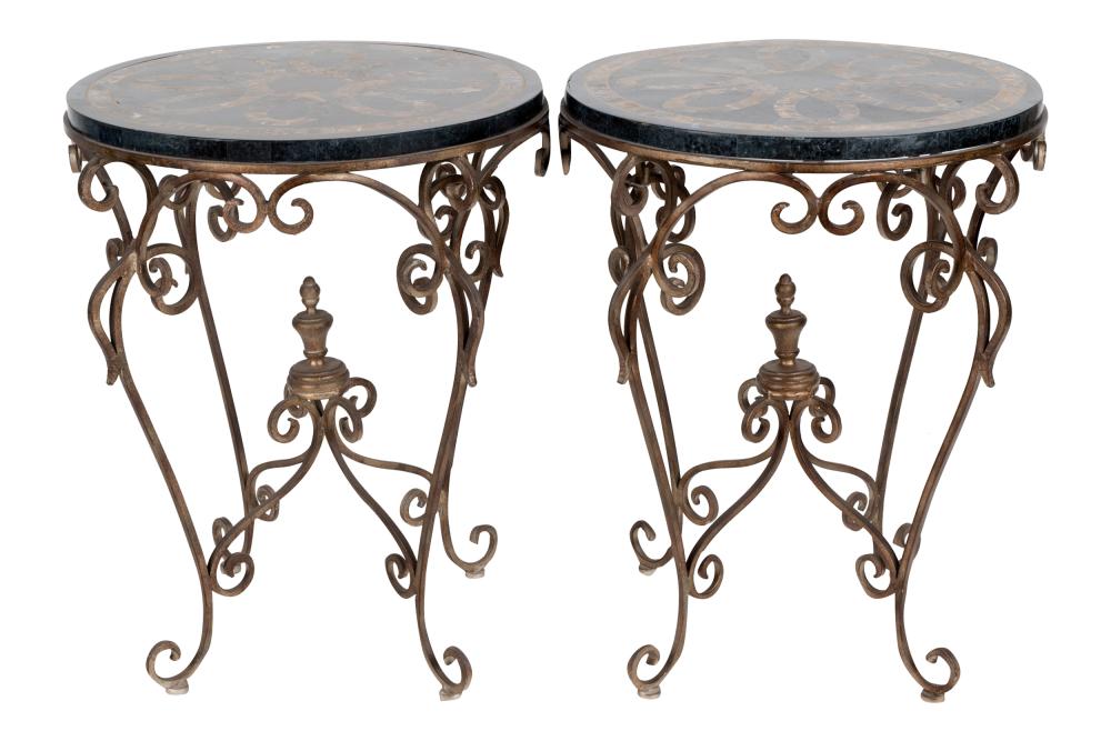 Appraisal: PAIR OF INLAID STONE IRON OCCASIONAL TABLESeach with round top