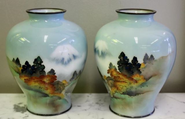 Appraisal: Pair of Japanese Cloisonne Landscape Vases Silver wire Probably the