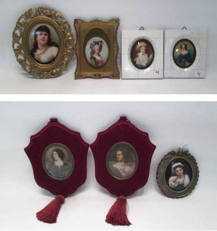 Appraisal: SEVEN CONTINENTAL MINIATURE PORTRAIT PAINTINGS depicting th century portraits of