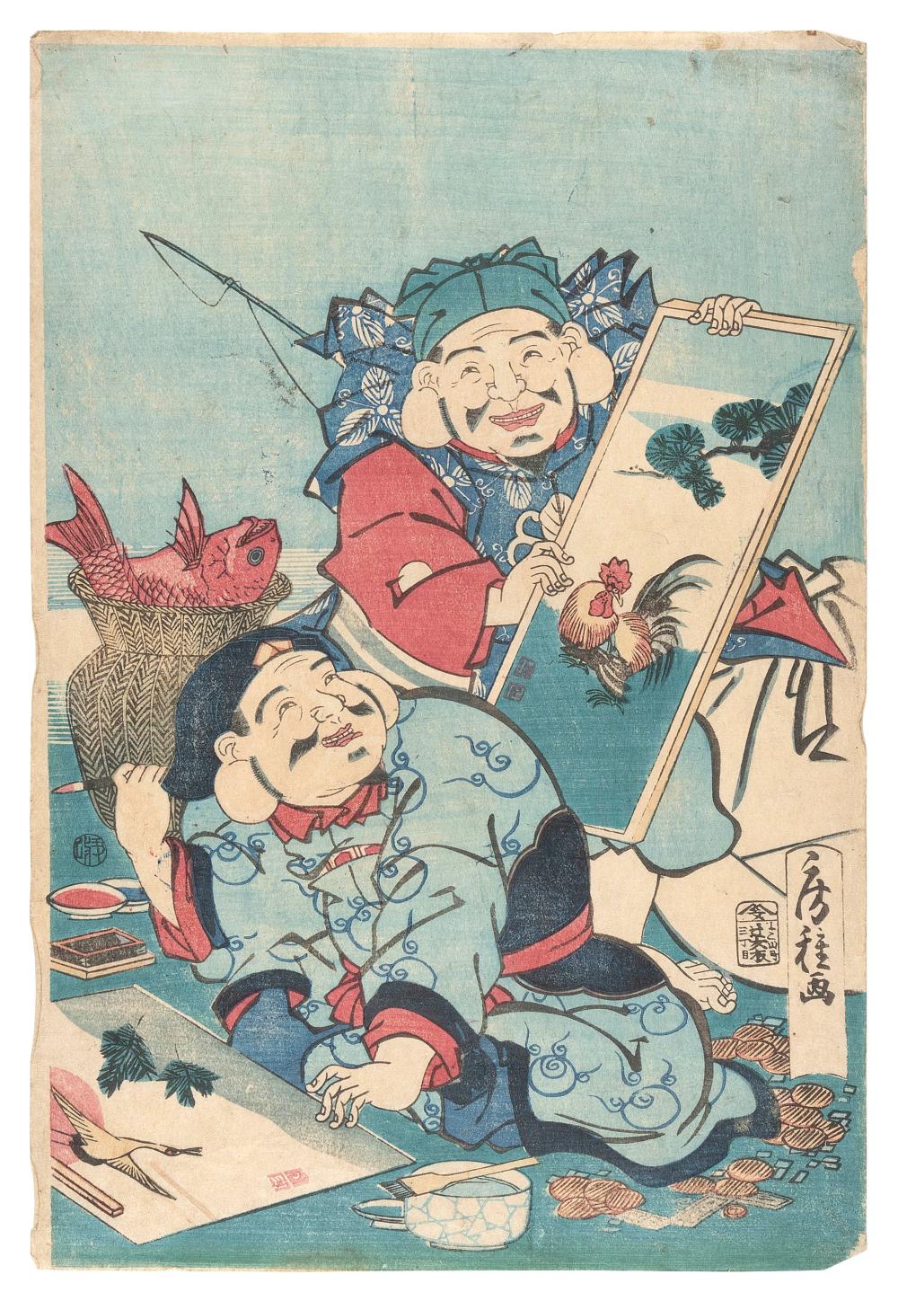 Appraisal: UTAGAWA FUSTANE JAPAN ACTIVE - TWO MEN PAINTING SCROLLS WOODBLOCK