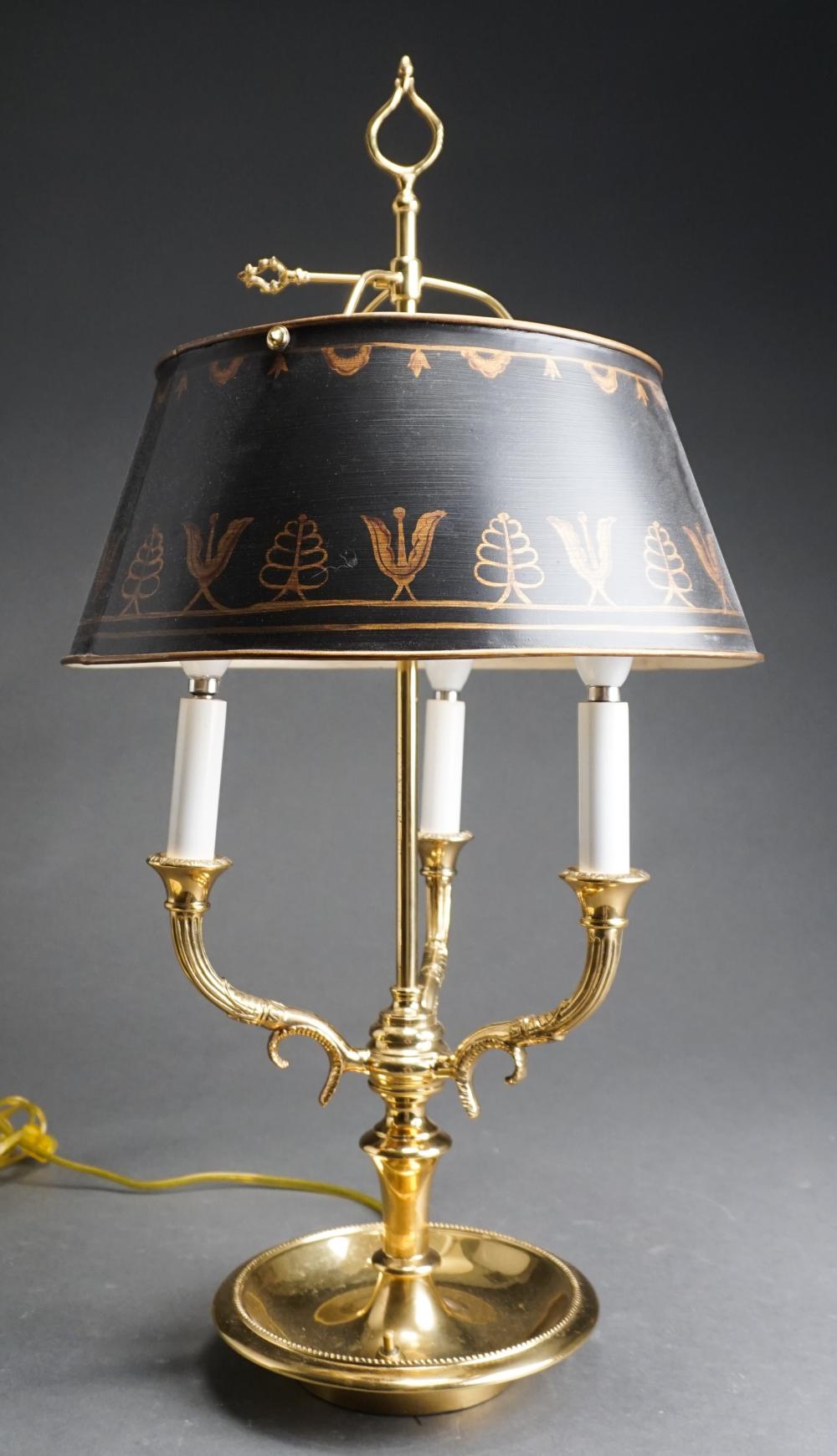 Appraisal: Empire Style Brass Three-Light Bollette Lamp with Tole Decorated Shade