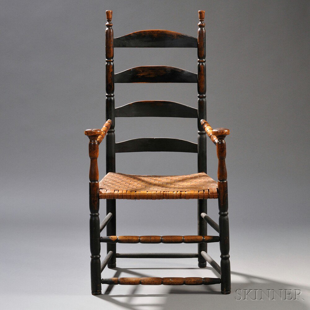 Appraisal: Black-painted Ladder-back Armchair probably New Hampshire late th century with