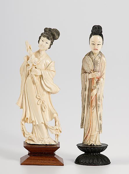 Appraisal: IVORY FEMALE FIGURES th century Japanese geisha on wooden base