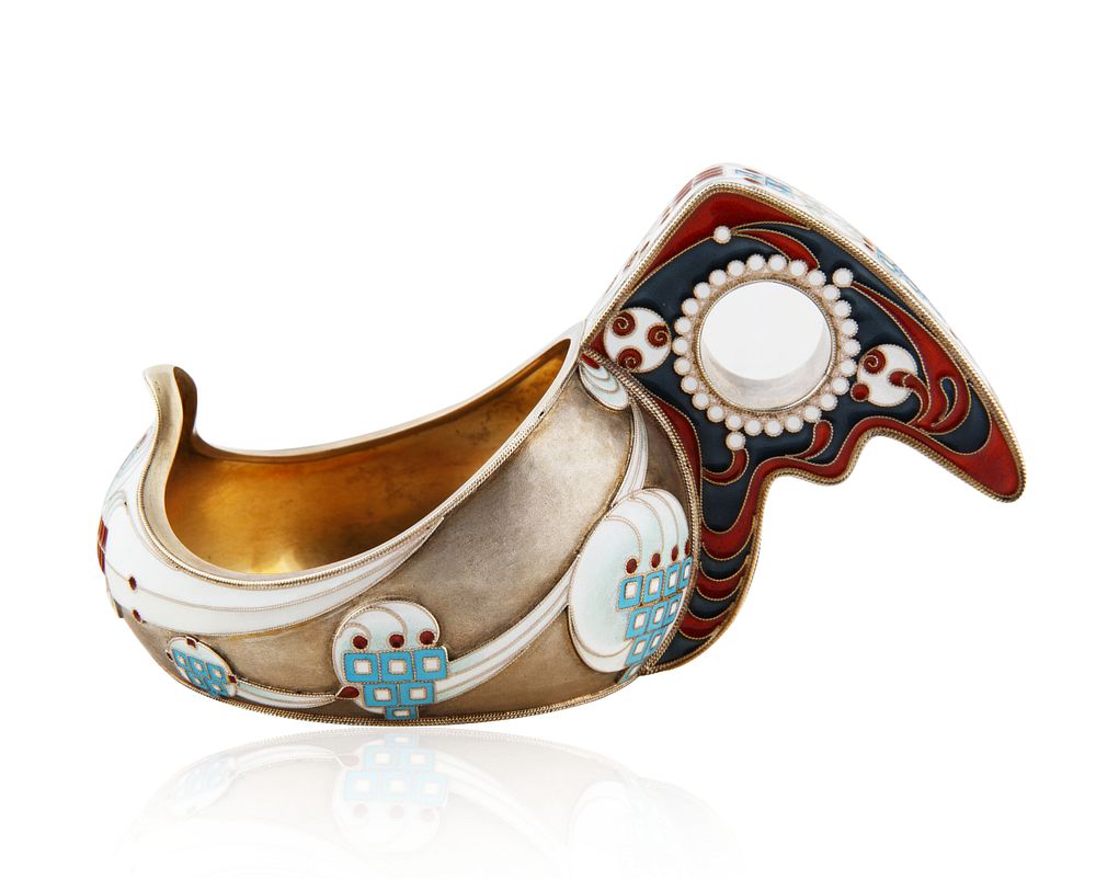 Appraisal: A - KHLEBNIKOV SILVER AND SHADED CLOISONNE ENAMEL KOVSH MOSCOW