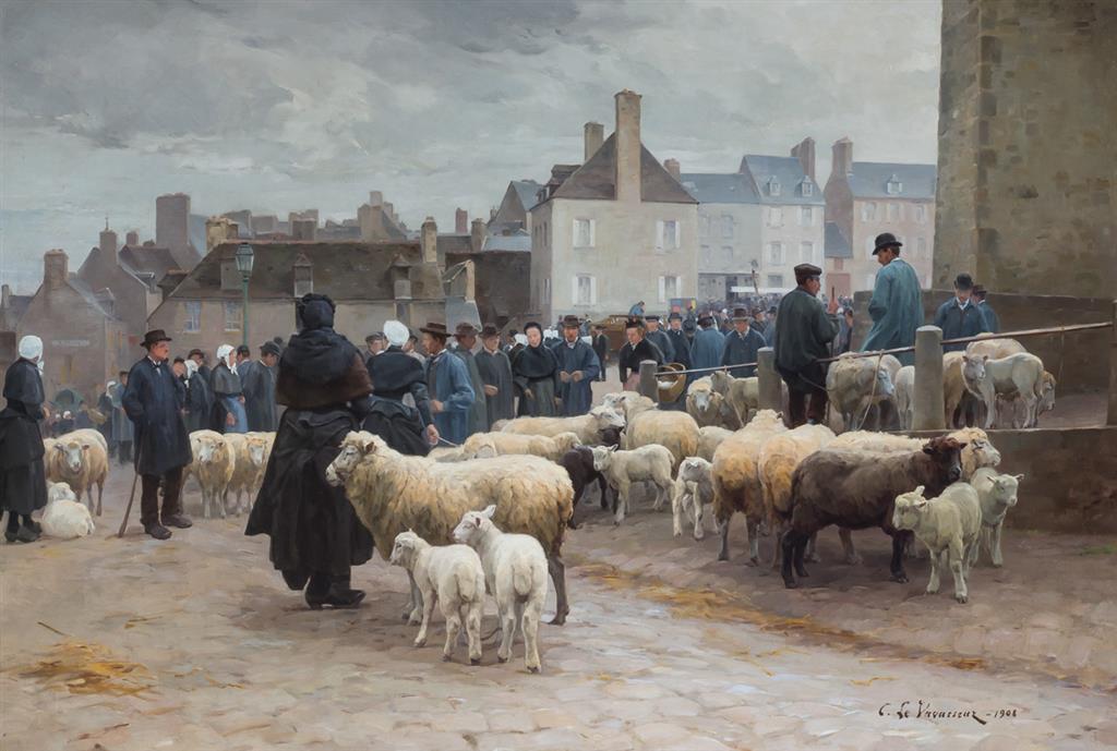 Appraisal: CYPRIEN LE VAVASSEUER French - Brittany Sheep Market oil on