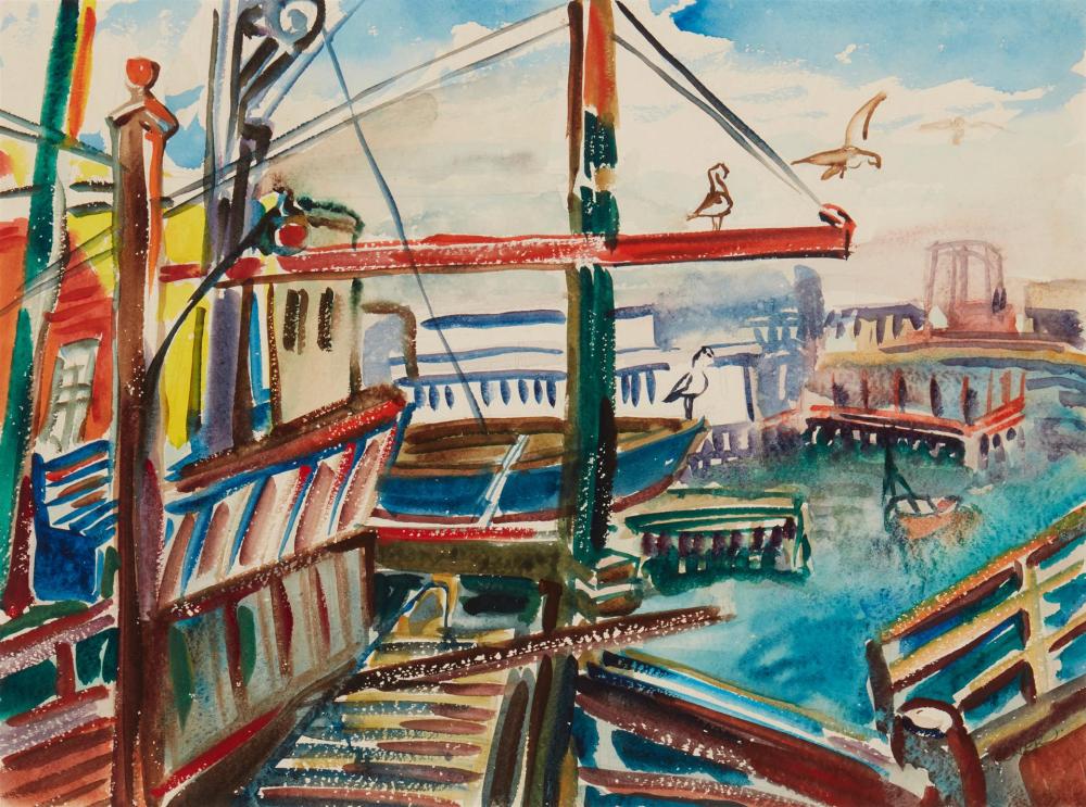 Appraisal: Abraham S Weiner - Docked boats with seagulls Watercolor on