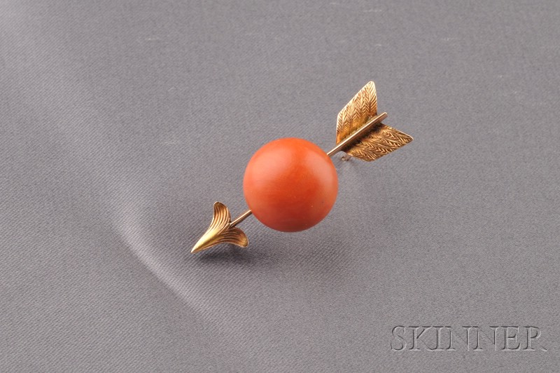 Appraisal: Antique kt Gold and Coral Arrow Brooch set with a