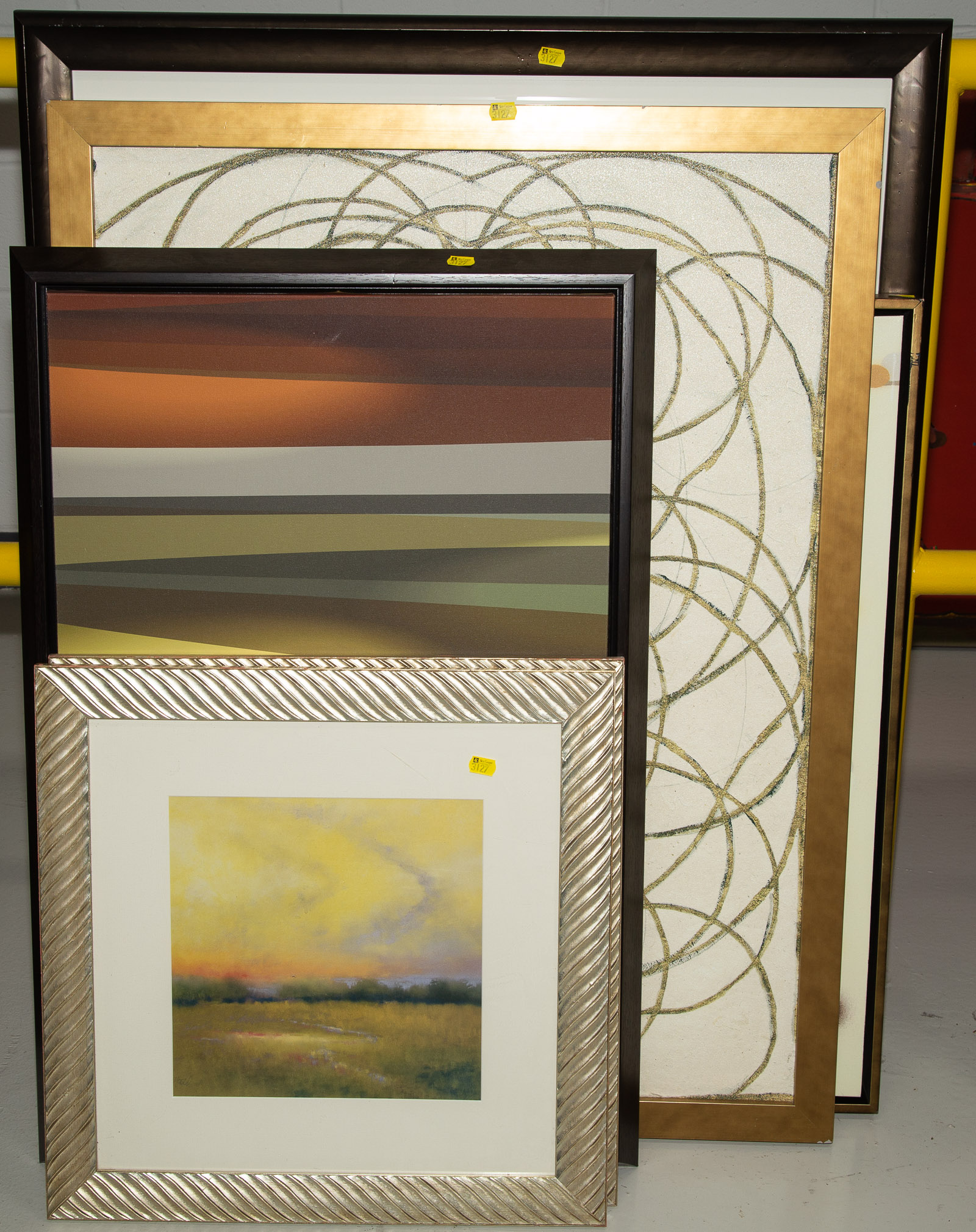 Appraisal: SIX FRAMED ARTWORKS Includes landscapes abstracts and marble figural themes