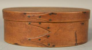 Appraisal: Shaker oval pantry box three finger with copper points and