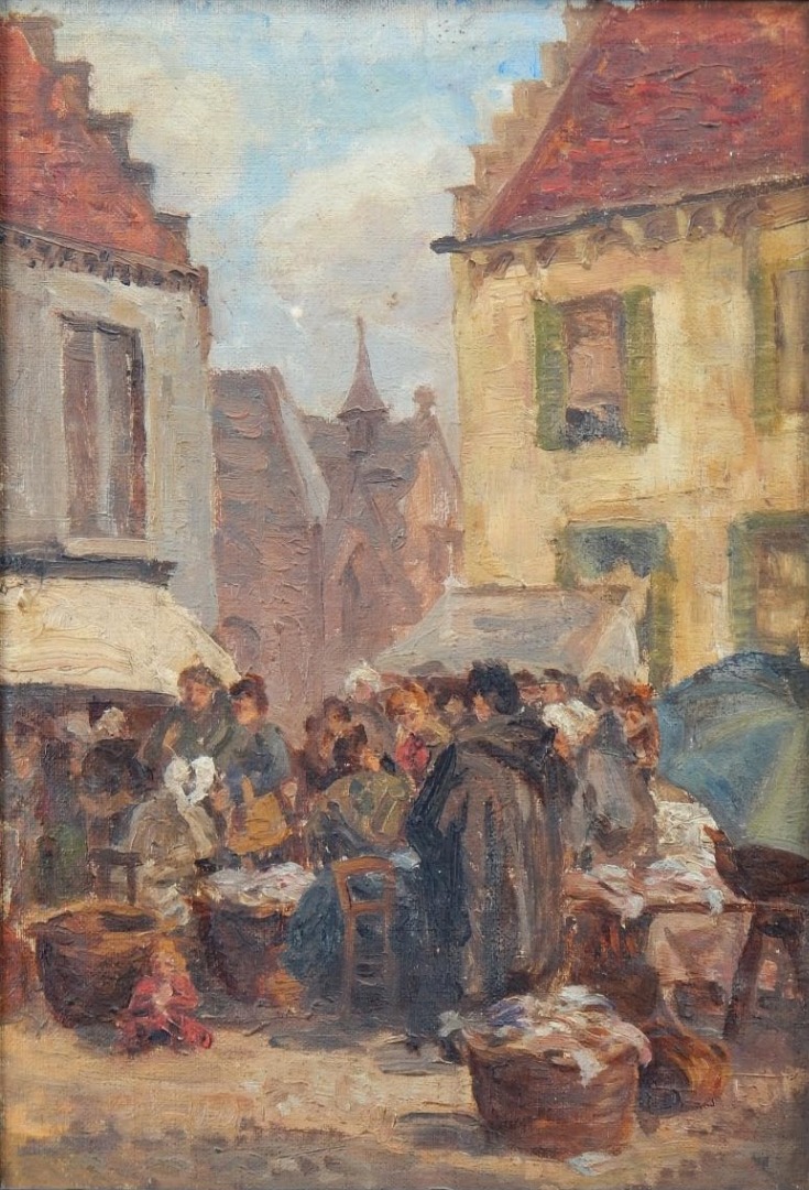 Appraisal: thC Continental School Market scene oil on board cm x