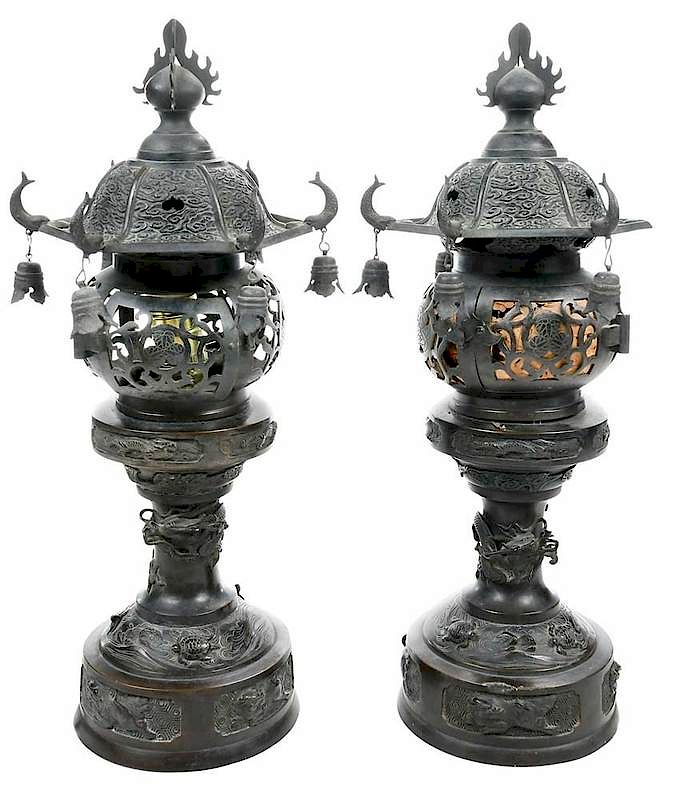 Appraisal: Pair Electrified Japanese Bronze Lanterns th th century two bronze