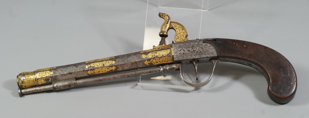 Appraisal: th c percussion pistol with koftgari gold inlaid octagonal barrel