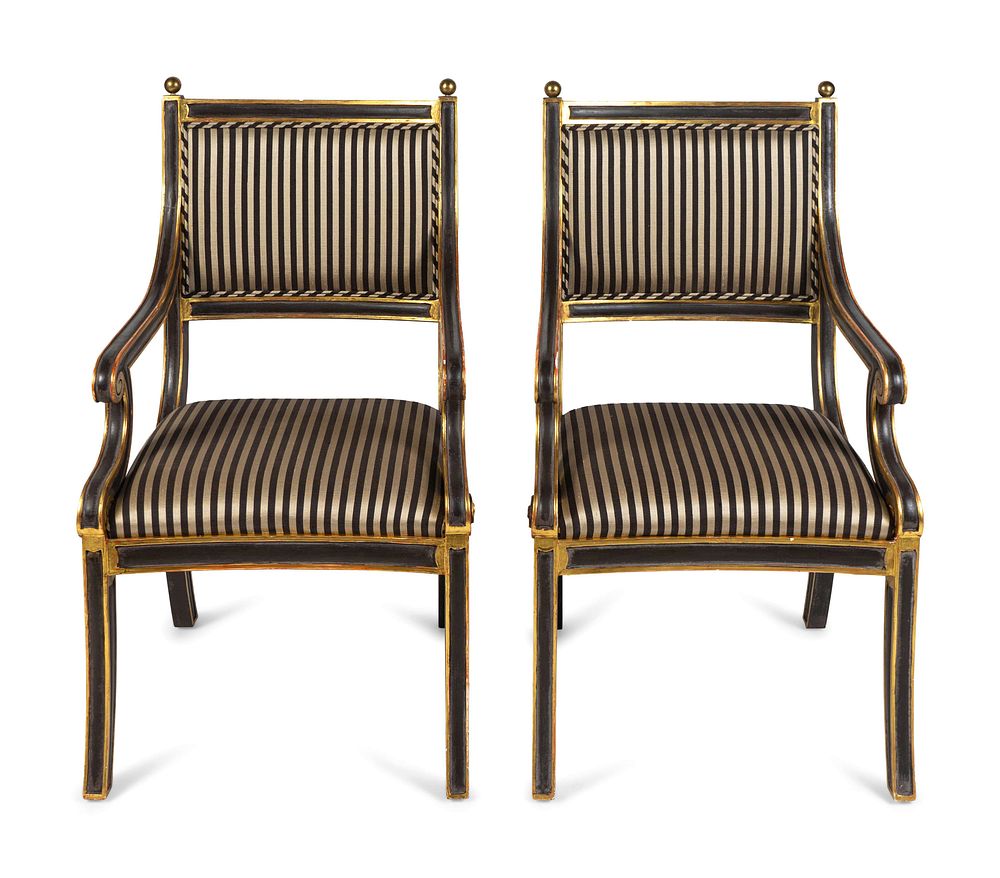 Appraisal: A Set of Eight Regency Style Parcel-Gilt and Black-Painted Armchairs