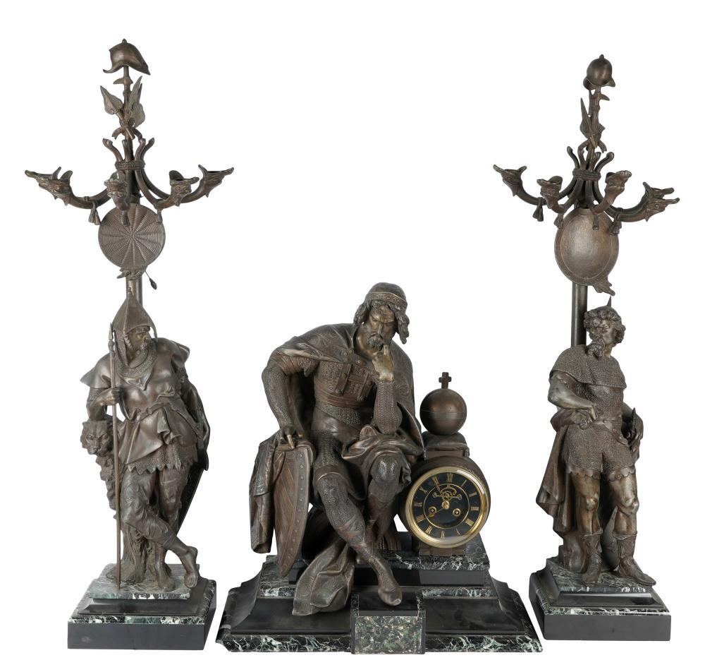 Appraisal: SPELTER MARBLE FIGURAL MANTEL CLOCK GARNITUREthe clock unsigned inches wide