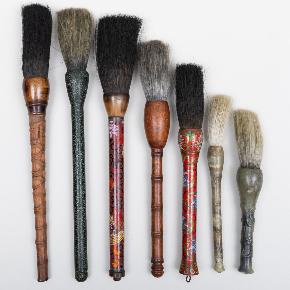 Appraisal: Group of Seven Chinese Calligraphy Brushes Comprising A burl handle