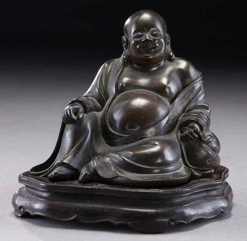 Appraisal: Chinese Qing silver inlaid bronze Maitreya Buddha raised on a