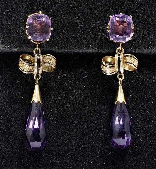 Appraisal: AMETHYST AND GOLD PENDANT EARRINGS ca Yellow gold Fancy earrings