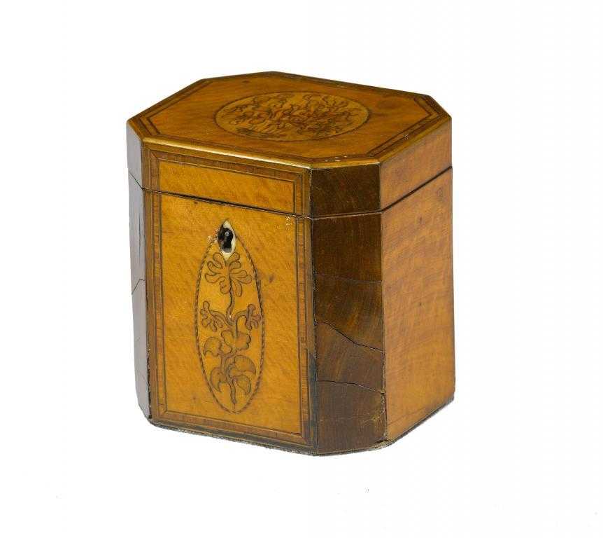 Appraisal: A GEORGE III SATINWOOD TEA CADDY of cut cornered rectangular