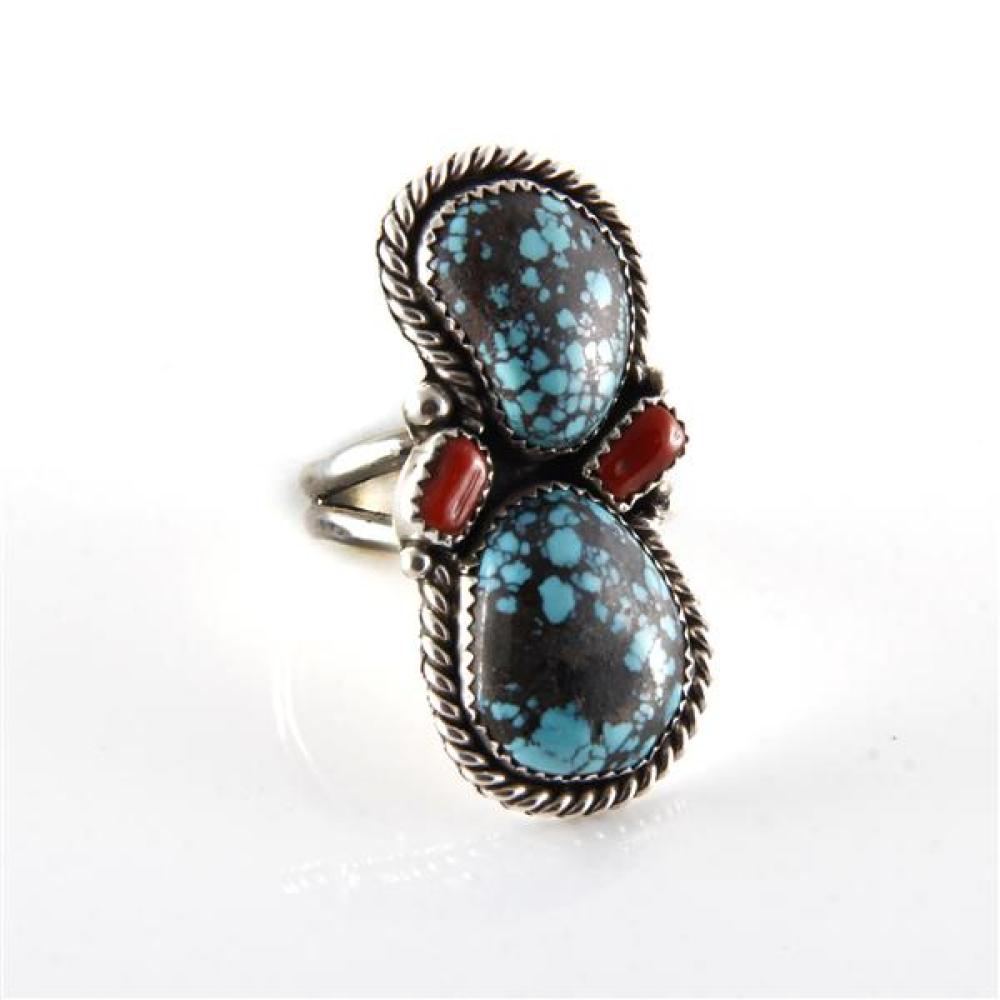 Appraisal: VINTAGE NATIVE AMERICAN INDIAN STERLING DOUBLE TURQUOISE AND CORAL RING