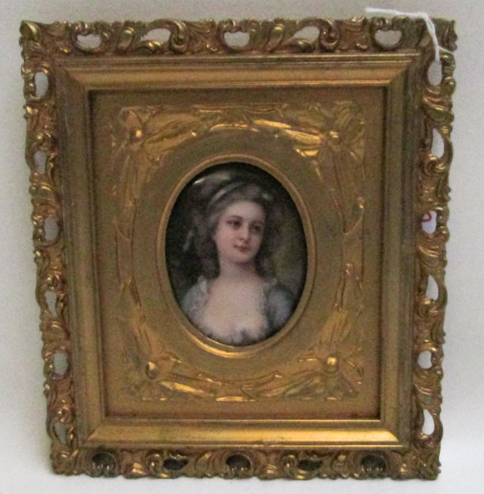 Appraisal: MINIATURE PORTRAIT PAINTING IN GILT FRAME hand enameled on porcelain