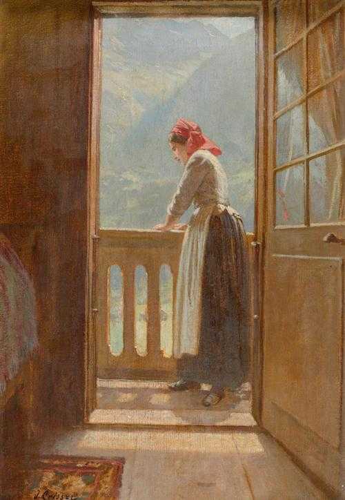 Appraisal: GEISSER JOHANN Altstetten - Lausanne Woman at a balcony Oil