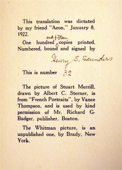 Appraisal: vol Merrill Stuart Walt Whitman Toronto Henry S Saunders signed