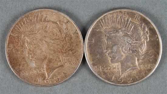 Appraisal: Two United States Peace type silver dollars EF- and -S