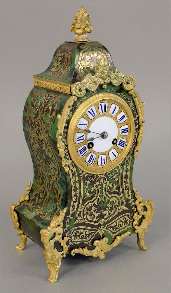 Appraisal: Louis XIV style green Boulle brass inlaid mantle clock with