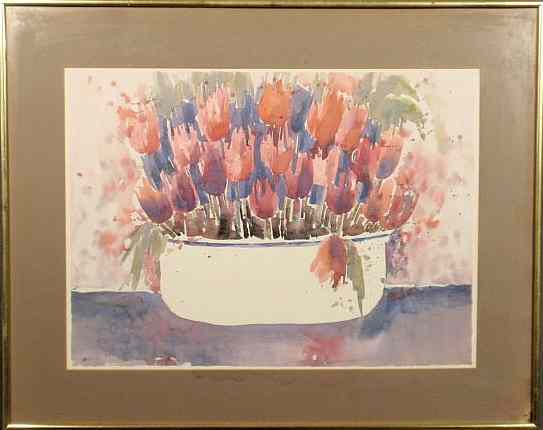 Appraisal: Watercolor painting of a bowl of roses signed l r