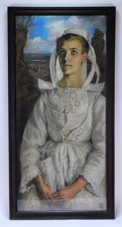 Appraisal: LARGE UNUSUAL PORTRAIT PAINTING OF WOMAN IN BONNET United States