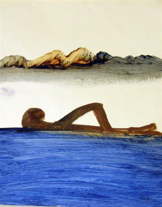 Appraisal: Sidney Nolan - Figure Swimming mixed media on paper initialled