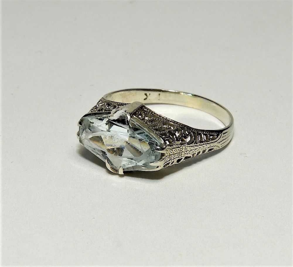 Appraisal: KT White Gold Aquamarine Art Deco Filigree Ring C Delicate