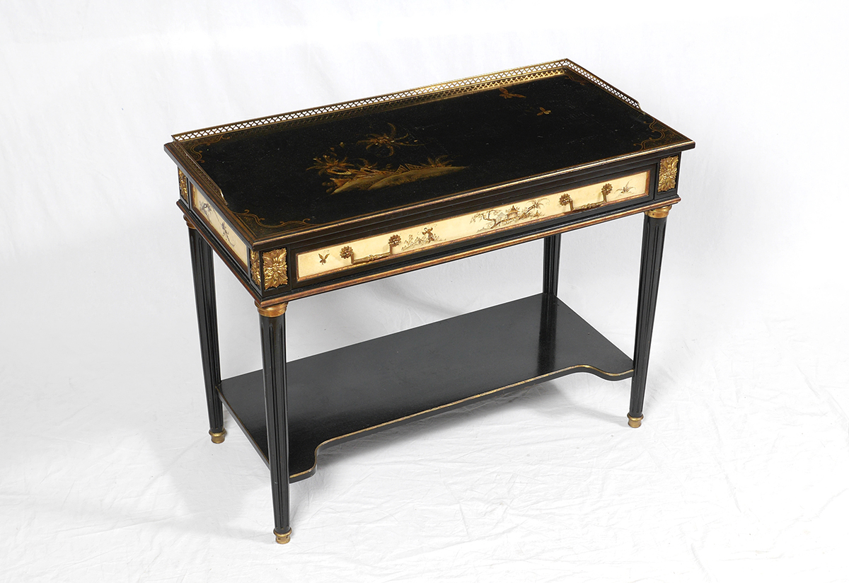 Appraisal: CHINOISERIE DECORATED HALL TABLE Pierced brass gallery top gilt decorated