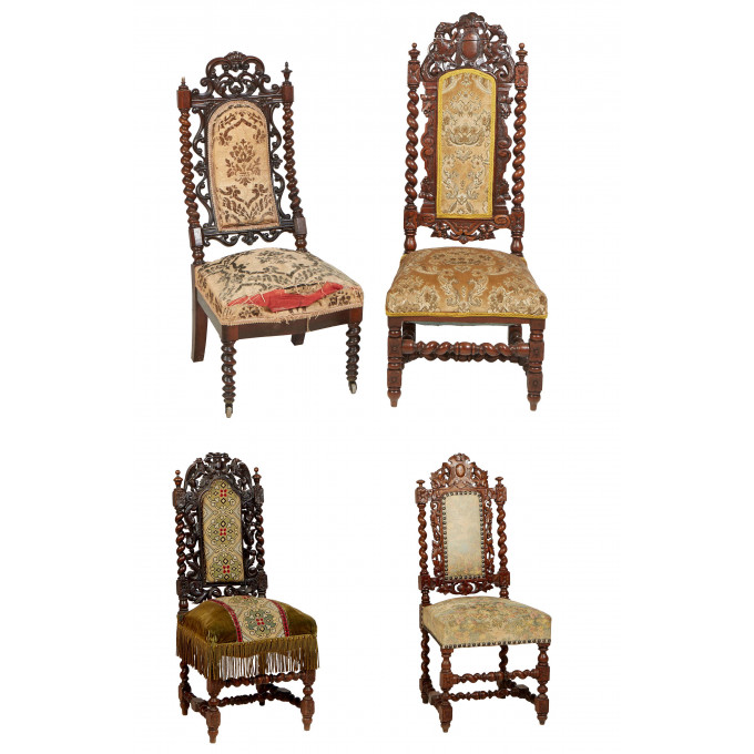 Appraisal: Four French Louis XIII Style Carved Walnut Hall Chairs th