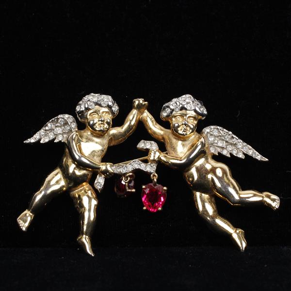 Appraisal: Marcel Boucher Cupids with Red Jewel Hearts Brooch Pin H