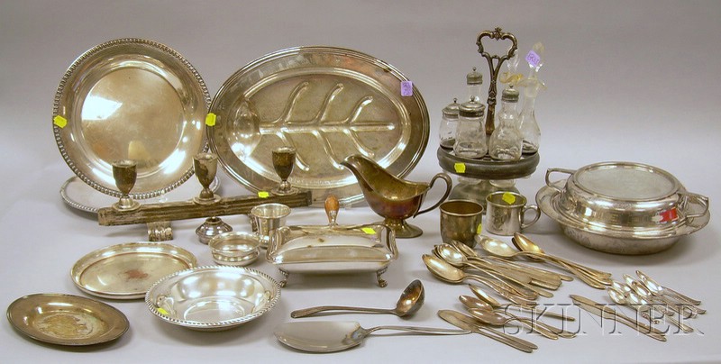 Appraisal: Six-Bottle Silver Plated Vinaigrette with Silver Plated Serving and Flatware