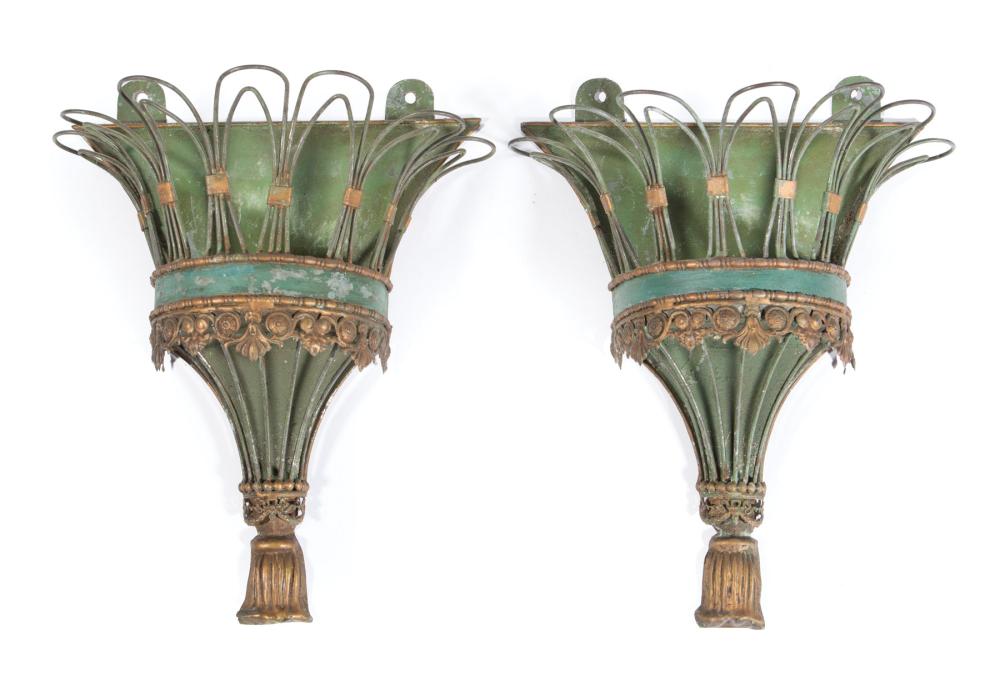 Appraisal: Pair of French Tole Peinte Wall Pockets th c green