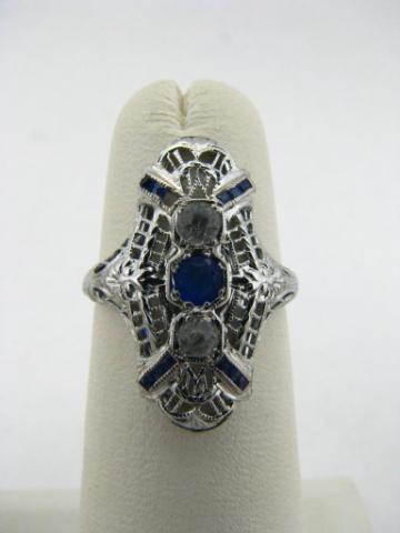 Appraisal: K White Gold Filigree Estate Ring with Sapphires and Diamonds