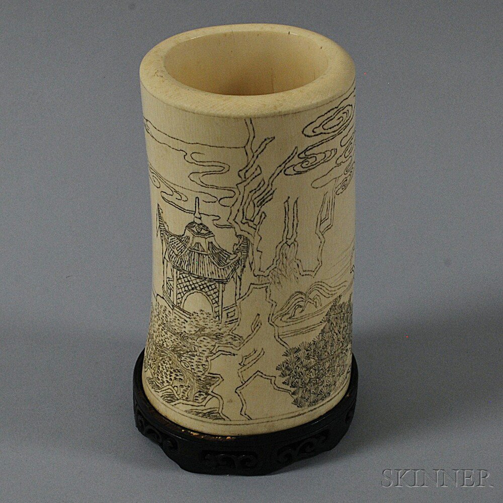 Appraisal: Chinese Ivory Brush Pot th century incised with figures in