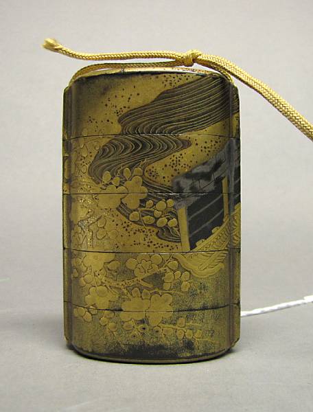 Appraisal: A gold and black lacquer four-case inro th Century Decorated