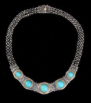 Appraisal: A Heavy Turquoise Necklace by Konstantino Five graduated turquoise cabochons