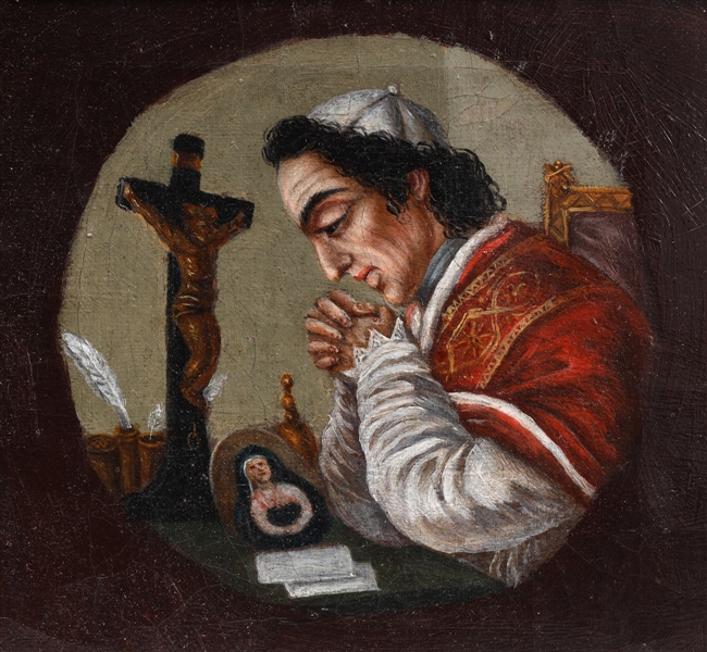 Appraisal: Antique framed oil on canvas depicting seated praying priest in