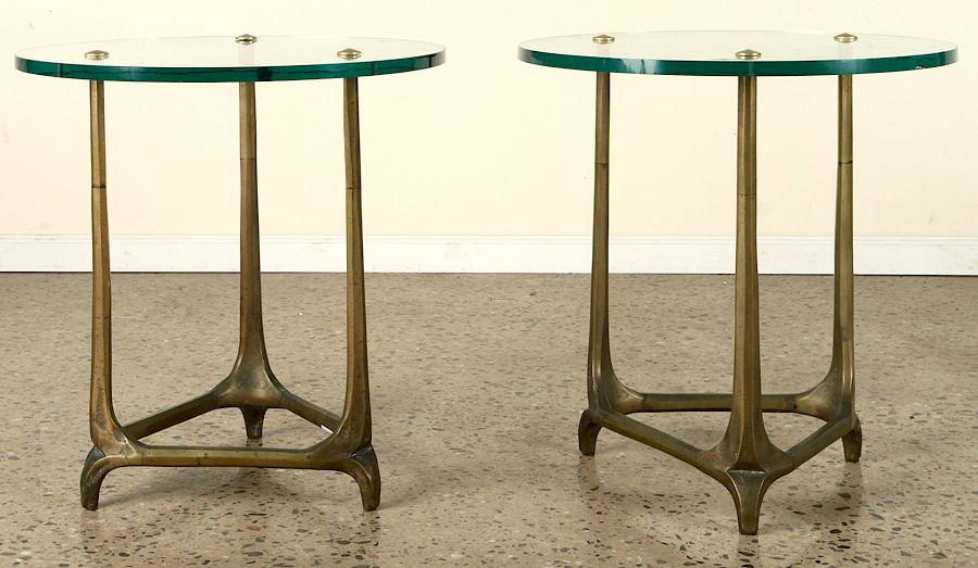 Appraisal: RARE PAIR BRONZE GLASS TRIANGLE SIDE TABLES C A rare