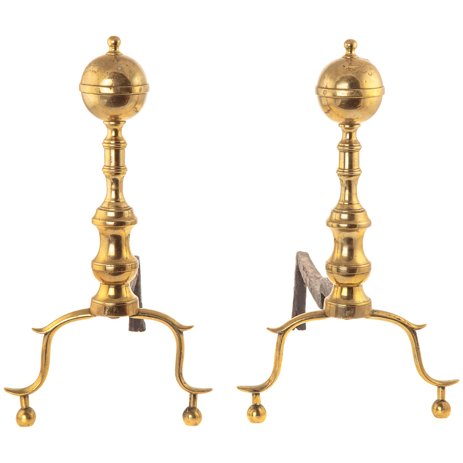 Appraisal: PAIR OF FEDERAL BRASS CANNONBALL ANDIRONS Circa - with nipple